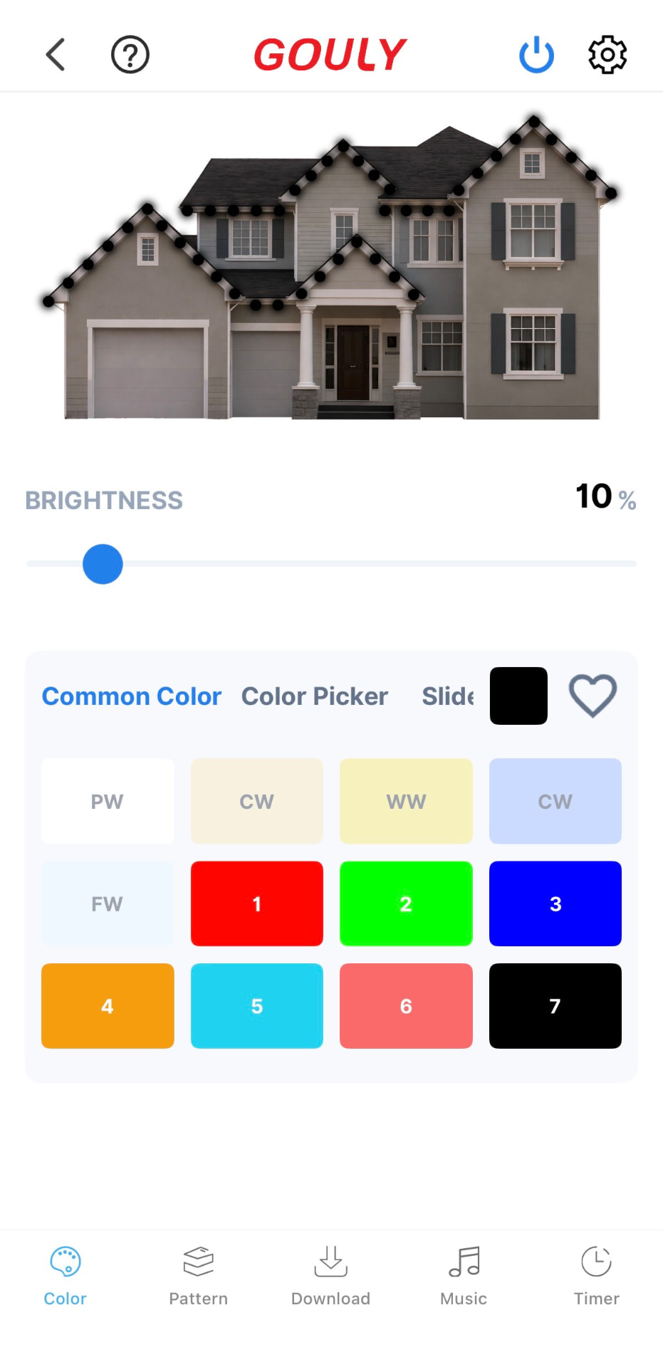 Lighting app color control screen showing brightness and color presets