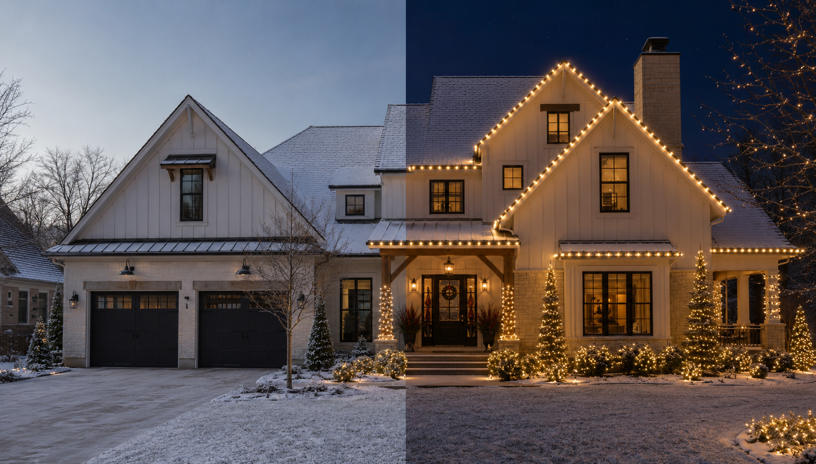 House before and after professional C9 Christmas light installation