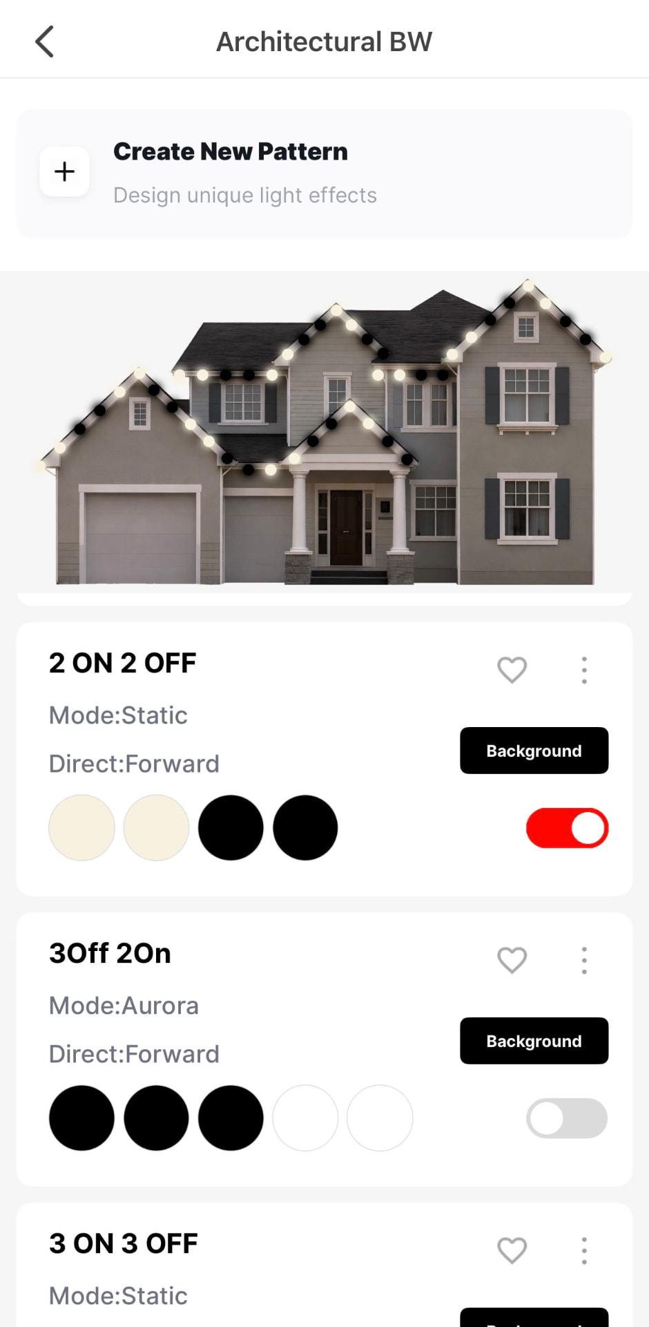 App screen showing an architectural black and white lighting pattern