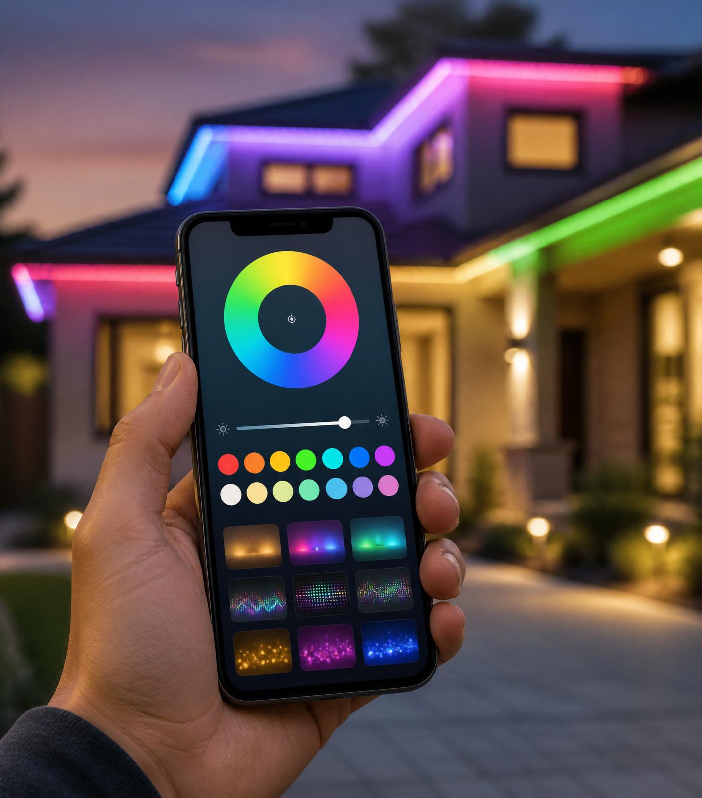Lighting control app in hand at dusk